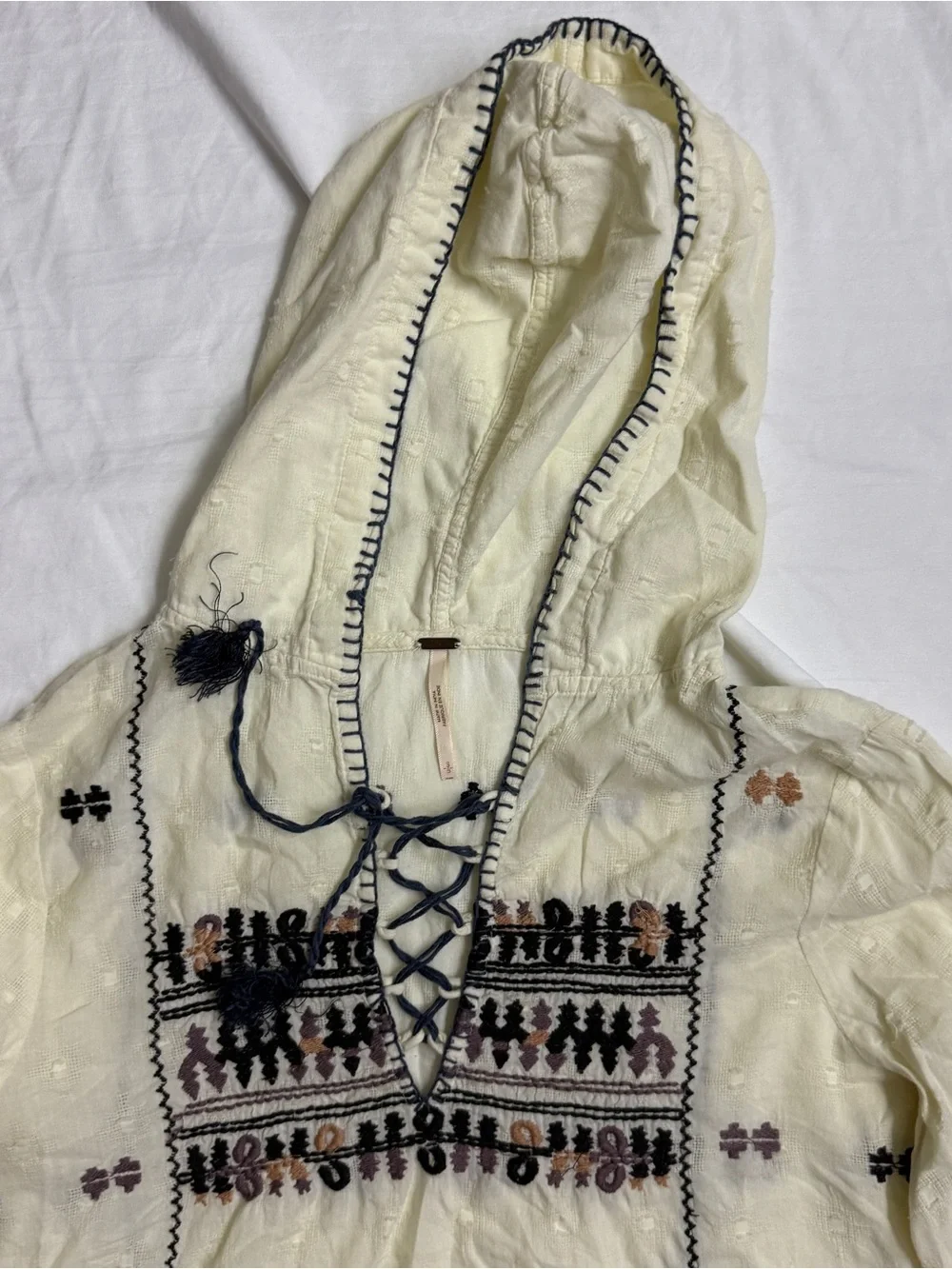Free People Cream Hooded Embroidered Peasant Tunic with Black Trim